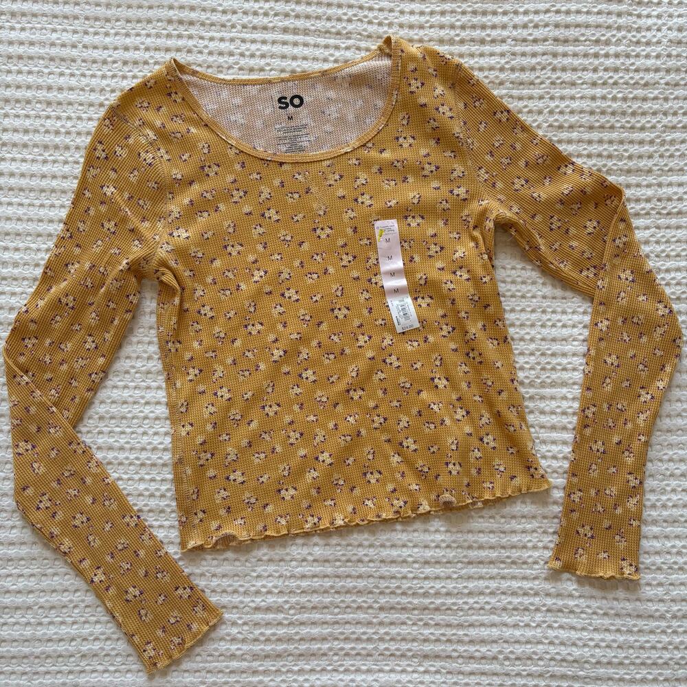 SO yellow floral waffle knit lettuce hem crop shirt Medium